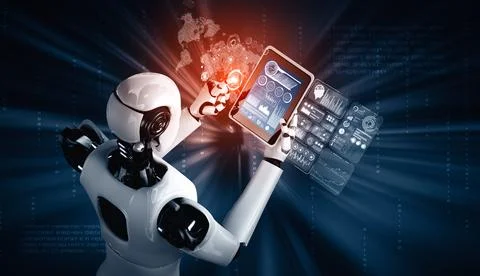 XAI Robot humanoid using tablet computer for big data analytic Stock Illustration