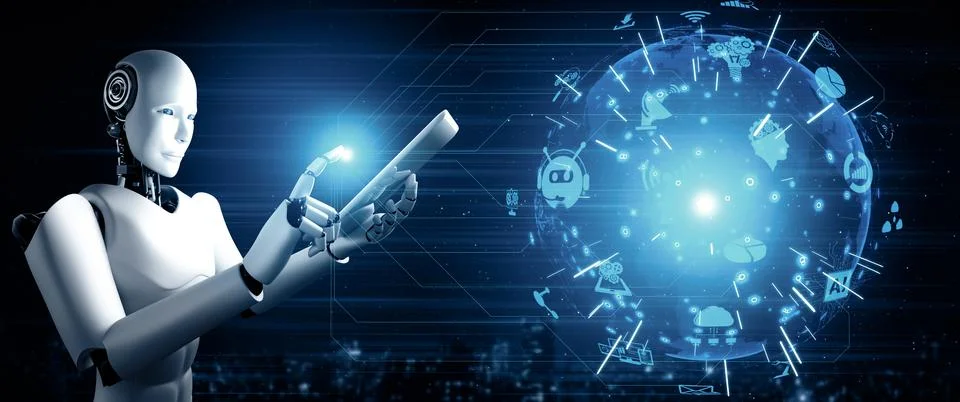 XAI Robot humanoid using tablet computer for global network connection Stockillustratie