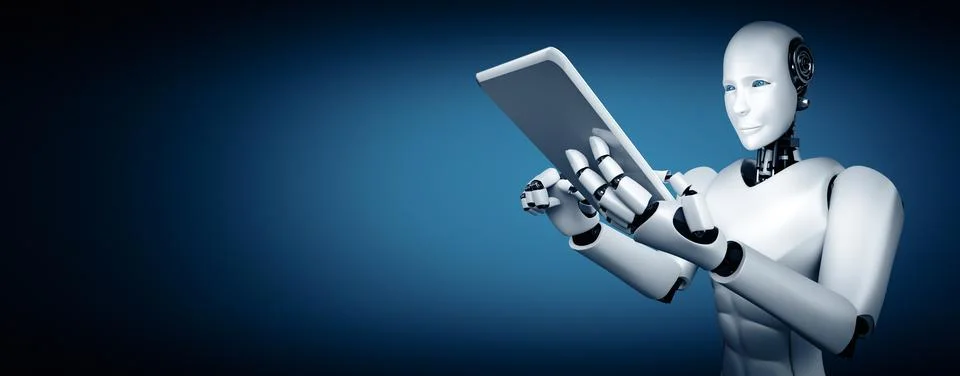 XAI Robot humanoid using tablet computer in future office Stock Illustration