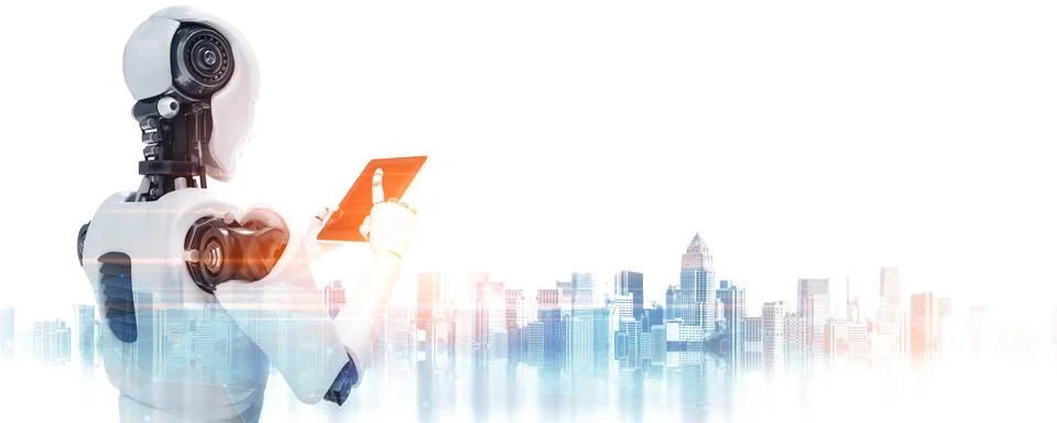 XAI Robot humanoid using tablet computer in future office イラスト素材