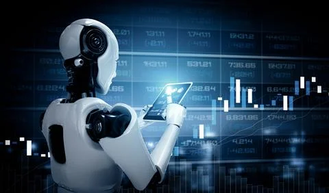 XAI Robot humanoid using tablet computer in concept of stock market trading Stock Illustration