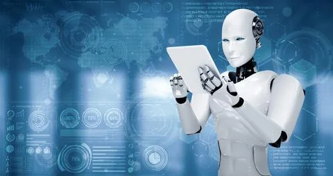 XAI Robot humanoid using tablet computer for big data analytic Illustrazione stock