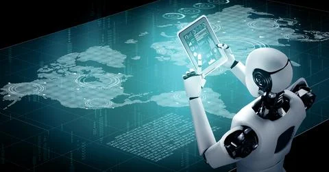 XAI Robot humanoid using tablet computer for global network connection Stock Illustration