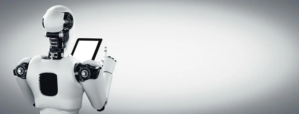 XAI Robot humanoid using tablet computer in future office Stock Illustration