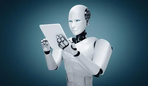 XAI Robot humanoid using tablet computer in future office Stockillustratie