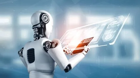 XAI Robot humanoid using tablet computer for big data analytic Stockillustratie