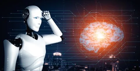 XAI Thinking AI humanoid robot analyzing hologram screen showing concept of AI 스톡 일러스트