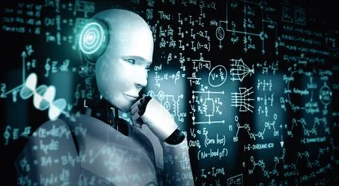 XAI Thinking AI humanoid robot analyzing screen of mathematics formula and Stock Illustration