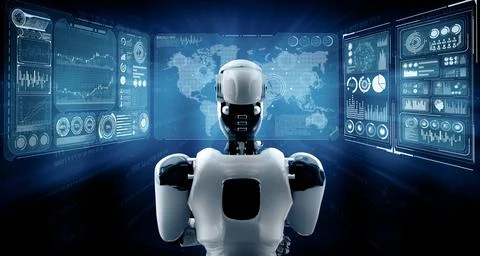 XAI Thinking AI humanoid robot analyzing hologram screen showing concept big Stock Illustration