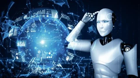 XAI Thinking AI humanoid robot analyzing hologram screen shows concept of イラスト素材