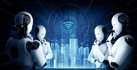 XAI Thinking AI humanoid robot analyzing hologram screen shows concept of Illustrazione stock