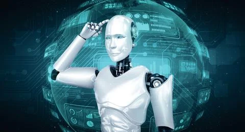 XAI Thinking AI humanoid robot analyzing hologram screen showing concept big Illustrazione stock