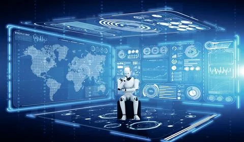 XAI Thinking AI humanoid robot analyzing hologram screen showing concept big Stock Illustration