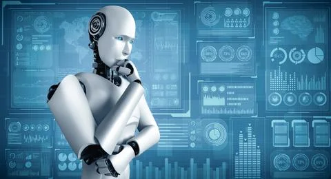 XAI Thinking AI humanoid robot analyzing hologram screen showing concept big 스톡 일러스트