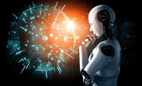 XAI Thinking AI humanoid robot analyzing hologram screen shows concept of Illustrazione stock