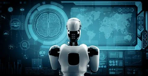 XAI Thinking AI humanoid robot analyzing hologram screen showing concept of AI 스톡 일러스트
