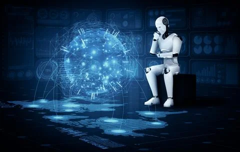 XAI Thinking AI humanoid robot analyzing hologram screen shows concept of Stockillustratie