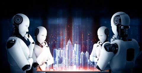 XAI Thinking AI humanoid robot analyzing hologram screen shows concept of Stock Illustration