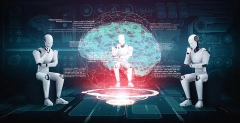 XAI Thinking AI humanoid robot analyzing hologram screen showing concept of AI 스톡 일러스트