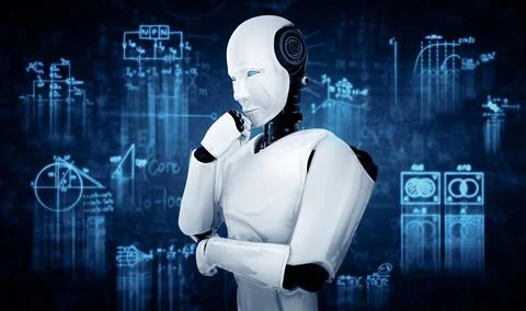 XAI Thinking AI humanoid robot analyzing screen of mathematics formula and Stock Illustration