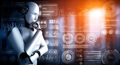 XAI Thinking AI humanoid robot analyzing hologram screen showing concept big Stock Illustration