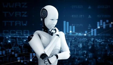 XAI Thinking AI humanoid robot analyzing stock market exchange trading Stock Illustration