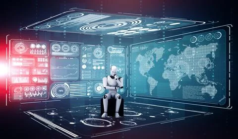 XAI Thinking AI humanoid robot analyzing hologram screen showing concept big Illustrazione stock