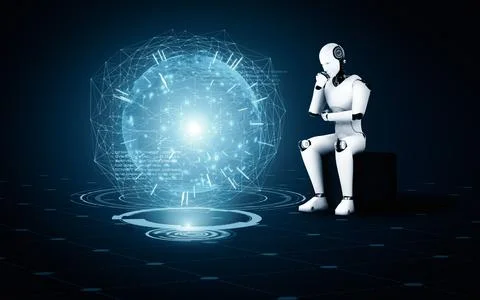 XAI Thinking AI humanoid robot analyzing hologram screen shows concept of Stock Illustration