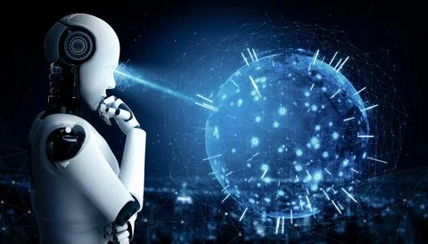 XAI Thinking AI humanoid robot analyzing hologram screen shows concept of 스톡 일러스트
