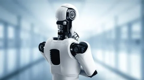 XAI Thinking AI humanoid robot analyzing information data Illustrazione stock