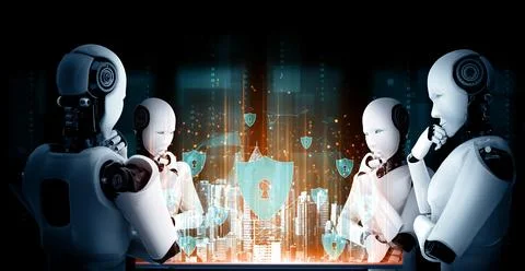 XAI Thinking AI humanoid robot analyzing hologram screen shows concept of 스톡 일러스트