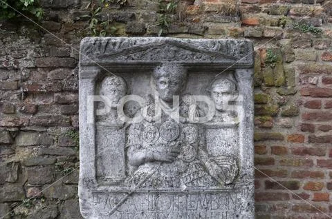 Xanten Nordrhein-Westfalen Germany.Roman looking carvings opposite the Dom. . Stock Photos