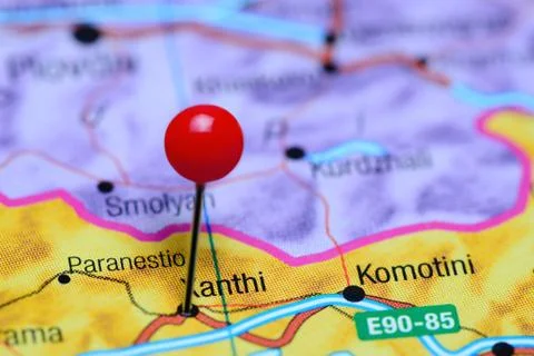 Xanthi pinned on a map of Greece Foto stock
