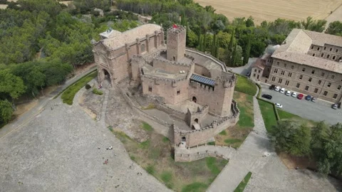Xavier medieval castle in Spain, from above, with a flag flying and Stock Footage 208092639