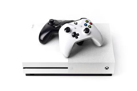 Xbox One S Console and Two Controllers on a white background isolated photo 스톡 사진