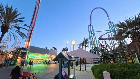Xcelerator and Sky Cabin at Knott’s Berry Farm   Dusk in Buena Park, CA Stock Footage 312708639
