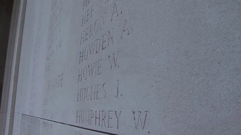 XCU at Angle Names of the Dead Panel in Menin Gate Memorial at Menin Gate, Ypres Stock Footage 98187925