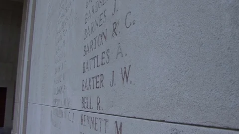 XCU at Angle Names of the Dead Panels in Menin Gate Memorial at Menin Gate Stock Footage 98187926