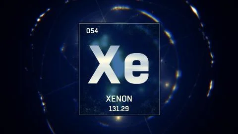 Xenon as Element 54 of the Periodic Table 3D illustration on blue background Stock Illustration