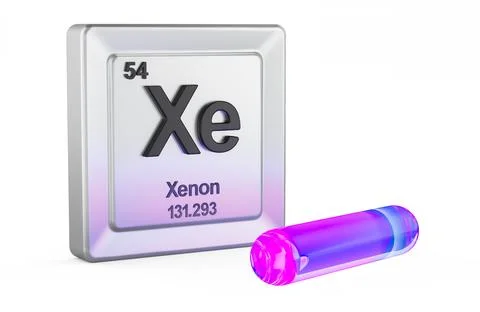 Xenon element tile periodic table with xenon in glowing tube, 3d rendering Stock Illustration
