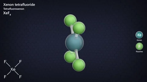 Xenon Tetrafluoride. 3D model of a molecule. XeF4. Dark background. 3D render Stock Footage 292253738