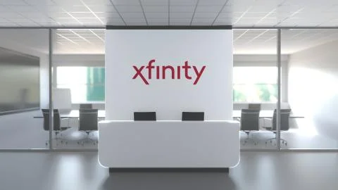 XFINITY logo above reception desk in the modern office, editorial conceptual 3D Ilustração Stock