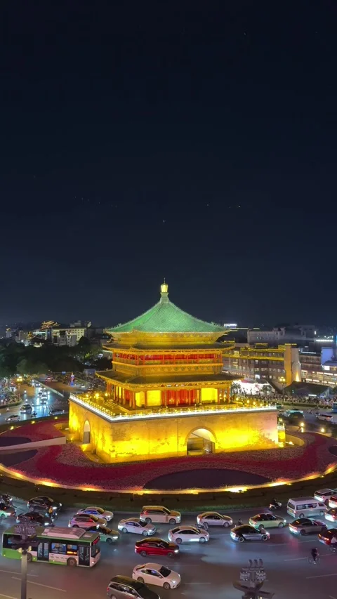 Xi'an Bell Tower Brightly Lit at Night With Urban Traffic Flow, Shaanxi, China Stock Footage 337095859