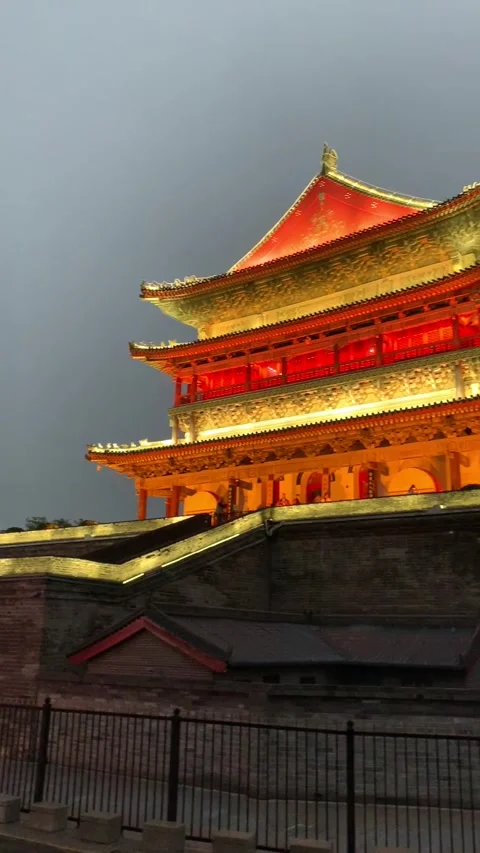 Xi'an, China - 2019/09/10 : Drum tower by night Video stock 342750330