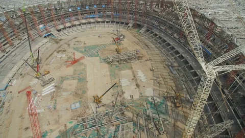 XI'AN, CHINA - MARCH 25, 2019: AERIAL shot of stadium being built,China Stock Footage 136525484