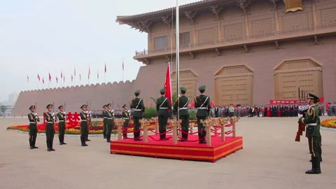 XI'AN, CHINA - Oct 01 2013: Flag Raising Ceremony of Daming Palace Square. a Stock Footage 107979411