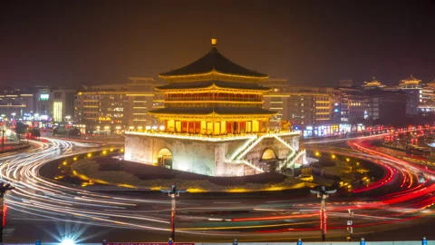 Xi'an Drum Tower Circle Night Timelapse Stock Footage 139725296