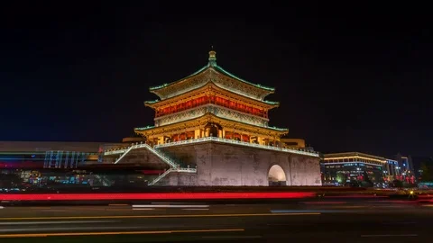 Xian Bell Tower night time lapse China Stock Footage