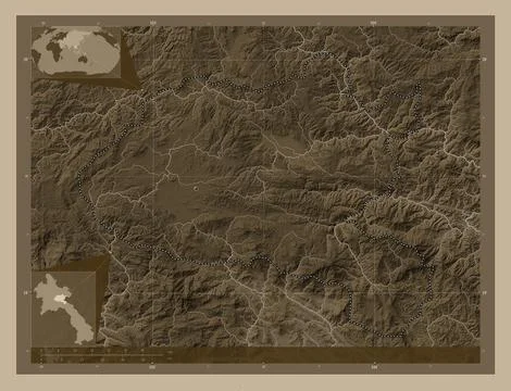 Xiangkhoang, Laos. Elevation map colored in sepia tones with lakes and rivers Stock Illustration