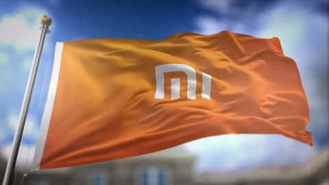 Xiaomi Flag Waving Slow Motion 3D Rendering Blue Sky Background - Editorial.. Stock Footage 75680386